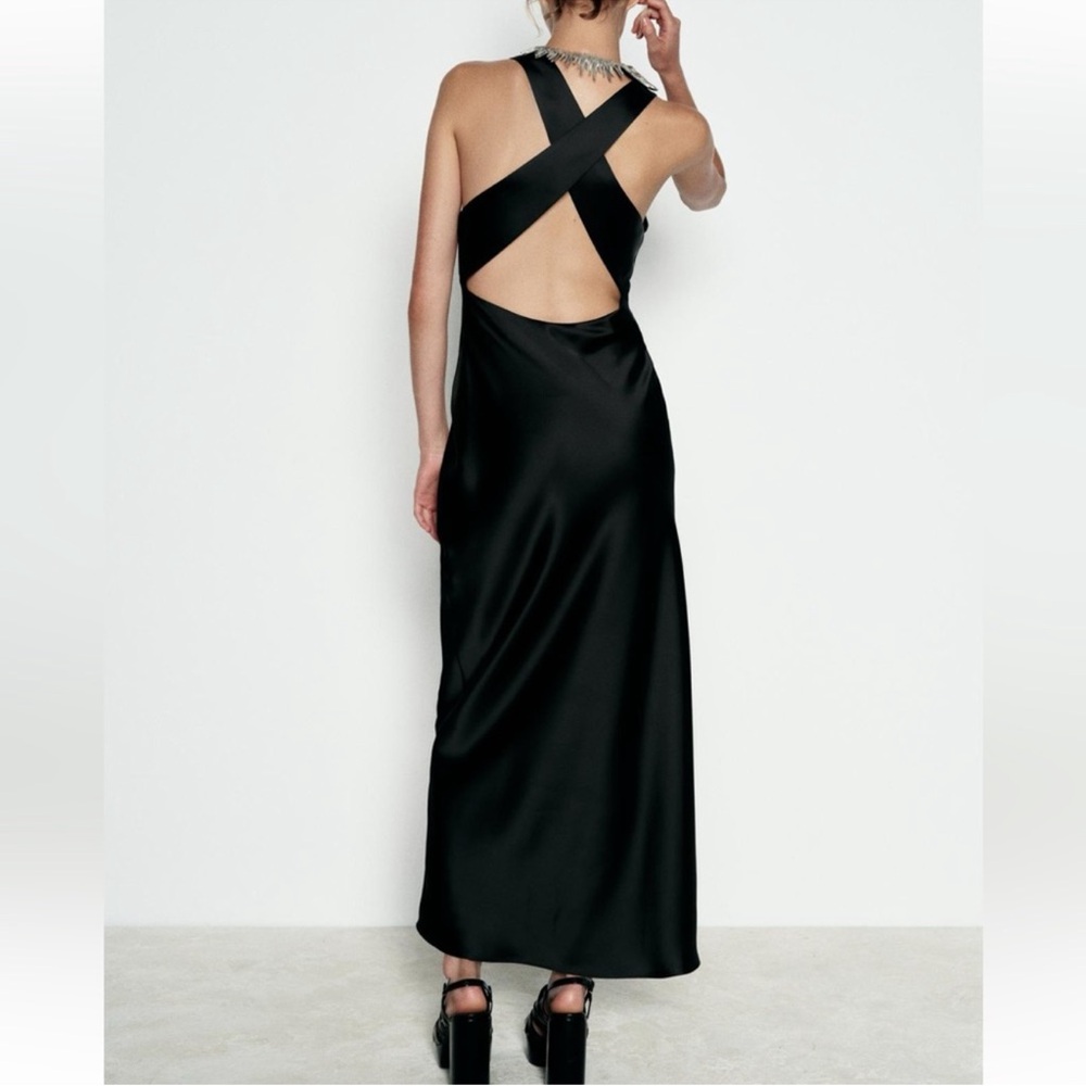 NWT Zara V-Neck Satin Effect Open Back Midi Dress - Picture 4 of 7
